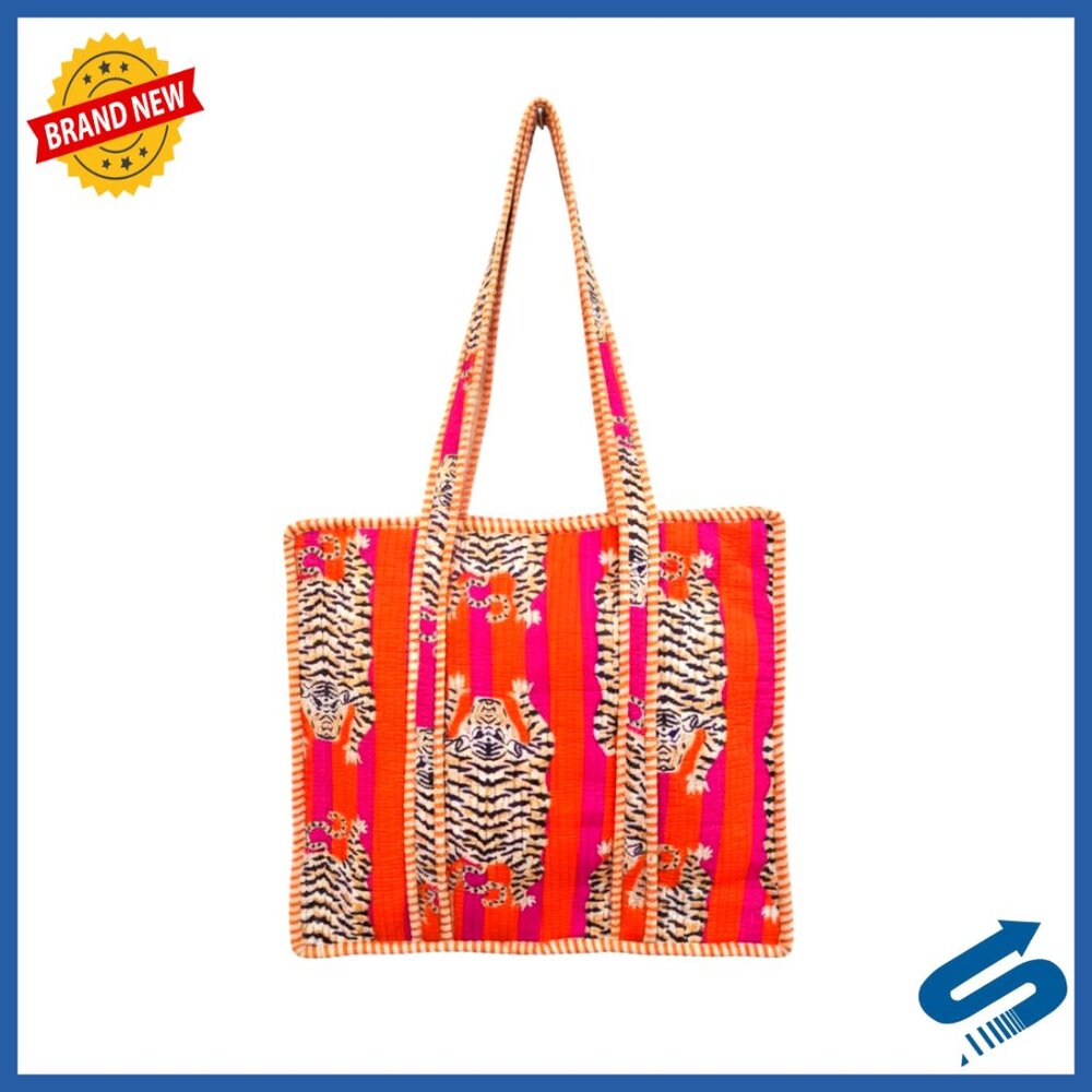 Large Quilted Cotton Tote Bag Spacious Zipper Handbag For Travel Shopping